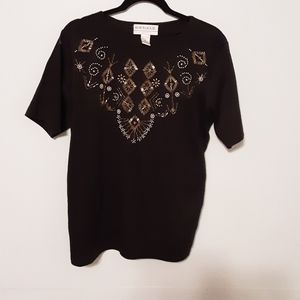 Black poly/cotton tee w/gold adornment